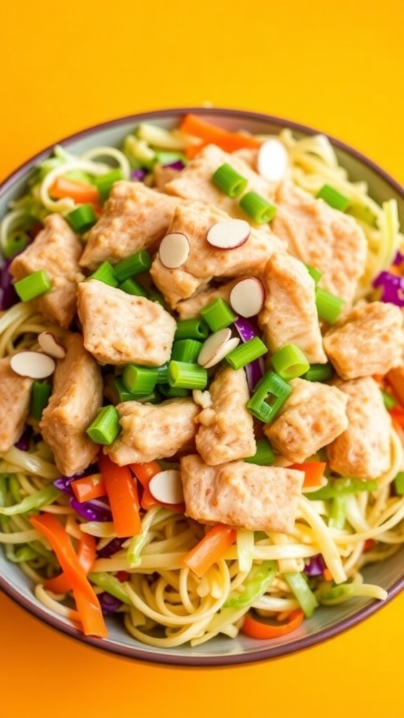 A colorful crispy noodle chicken and cabbage salad with vibrant vegetables and crispy noodles, garnished with green onions and almonds.
